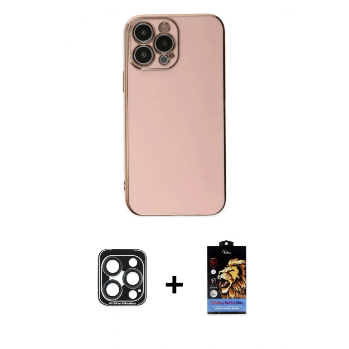 MARSİLYAN™- iPhone 15 Pro Max Kılıf Yankı Serisi - Siyah Buffer Hayalet Cam Ekran Koruyucu + PVD Metal Kamera Lens - LT