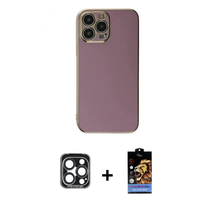 MARSİLYAN™- iPhone 15 Pro Max Kılıf Yankı Serisi - Siyah Buffer Hayalet Cam Ekran Koruyucu + PVD Metal Kamera Lens - LT
