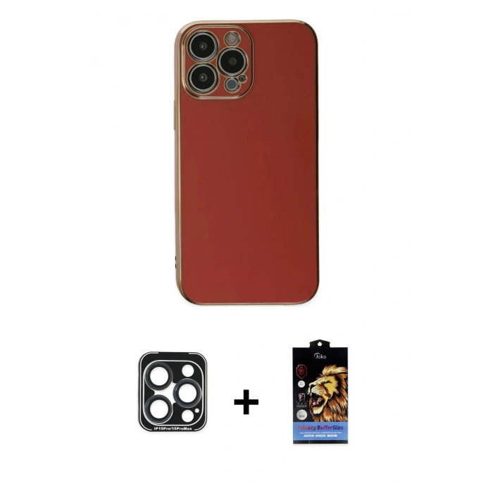 MARSİLYAN™- iPhone 15 Pro Max Kılıf Yankı Serisi - Siyah Buffer Hayalet Cam Ekran Koruyucu + PVD Metal Kamera Lens - LT