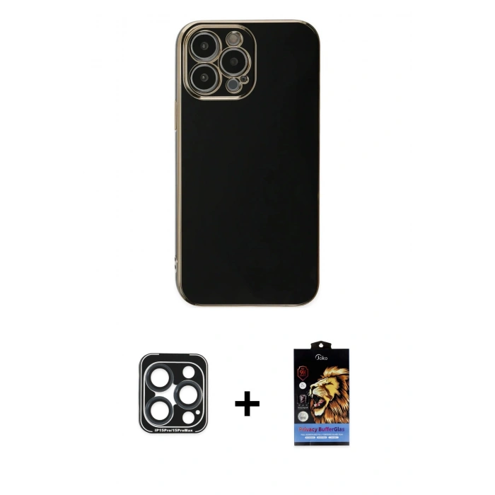 MARSİLYAN™- iPhone 15 Pro Max Kılıf Yankı Serisi - Siyah Buffer Hayalet Cam Ekran Koruyucu + PVD Metal Kamera Lens - LT