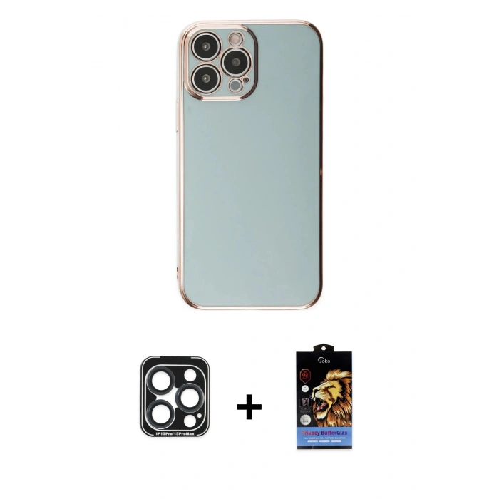 MARSİLYAN™- iPhone 15 Pro Max Kılıf Yankı Serisi - Siyah Buffer Hayalet Cam Ekran Koruyucu + PVD Metal Kamera Lens - LT