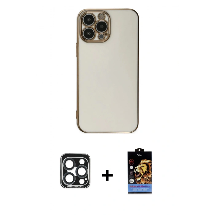 MARSİLYAN™- iPhone 15 Pro Max Kılıf Yankı Serisi - Siyah Buffer Hayalet Cam Ekran Koruyucu + PVD Metal Kamera Lens - LT