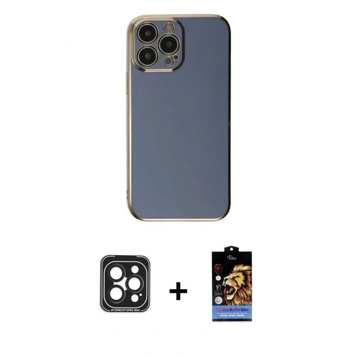MARSİLYAN™- iPhone 15 Pro Max Kılıf Yankı Serisi - Siyah Buffer Hayalet Cam Ekran Koruyucu + PVD Metal Kamera Lens - SH