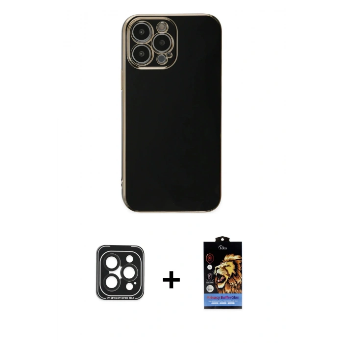 MARSİLYAN™- iPhone 15 Pro Max Kılıf Yankı Serisi - Siyah Buffer Hayalet Cam Ekran Koruyucu + PVD Metal Kamera Lens - SH