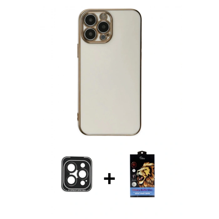 MARSİLYAN™- iPhone 15 Pro Max Kılıf Yankı Serisi - Siyah Buffer Hayalet Cam Ekran Koruyucu + PVD Metal Kamera Lens - SH