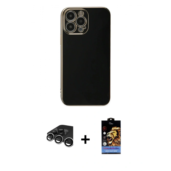 MARSİLYAN™- iPhone 15 Pro Max Kılıf Yankı Serisi - Siyah Buffer Hayalet Cam Ekran Koruyucu + Raze Metal Kamera Lens - GS