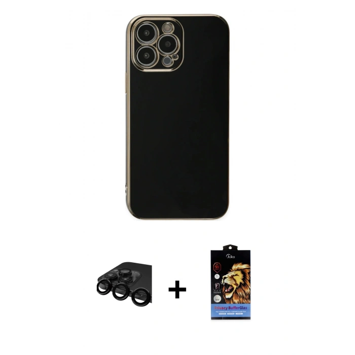 MARSİLYAN™- iPhone 15 Pro Max Kılıf Yankı Serisi - Siyah Buffer Hayalet Cam Ekran Koruyucu + Raze Metal Kamera Lens - SH