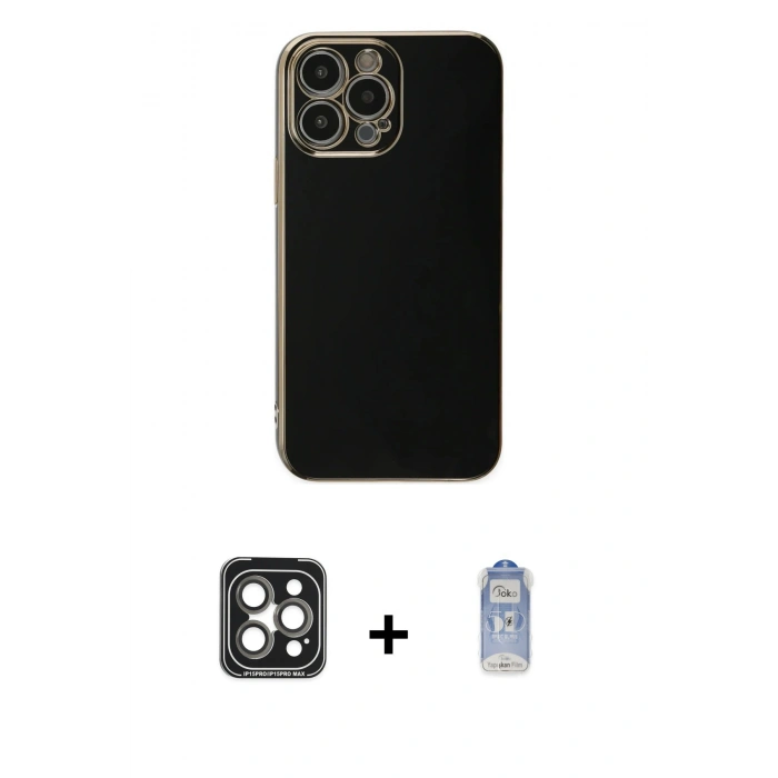 MARSİLYAN™- iPhone 15 Pro Max Kılıf Yankı Serisi - Siyah Joko Magic 5D Cam + PVD Metal Kamera Lens - GI
