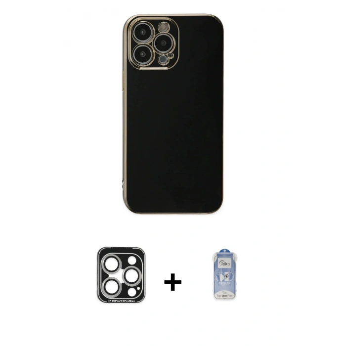 MARSİLYAN™- iPhone 15 Pro Max Kılıf Yankı Serisi - Siyah Joko Magic 5D Cam + PVD Metal Kamera Lens - GS