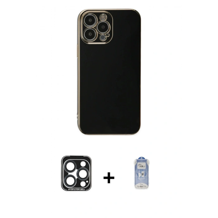MARSİLYAN™- iPhone 15 Pro Max Kılıf Yankı Serisi - Siyah Joko Magic 5D Cam + PVD Metal Kamera Lens - LT