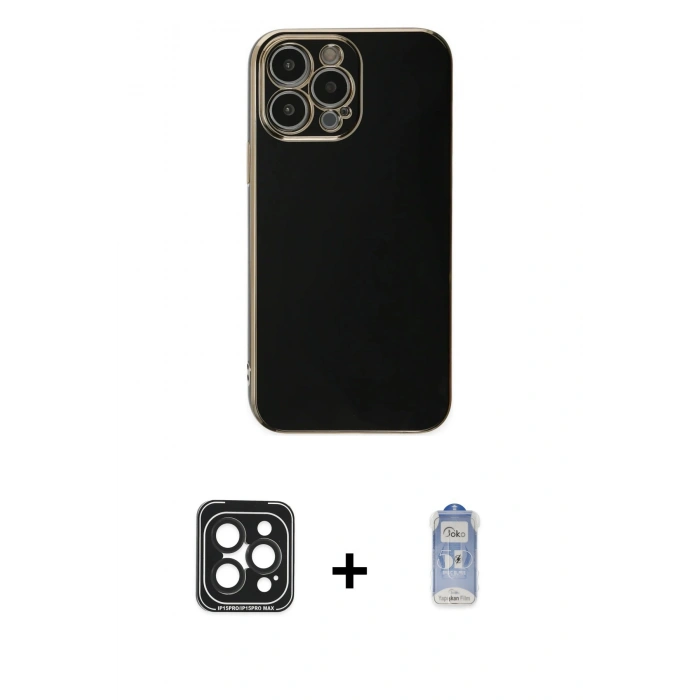 MARSİLYAN™- iPhone 15 Pro Max Kılıf Yankı Serisi - Siyah Joko Magic 5D Cam + PVD Metal Kamera Lens - SH
