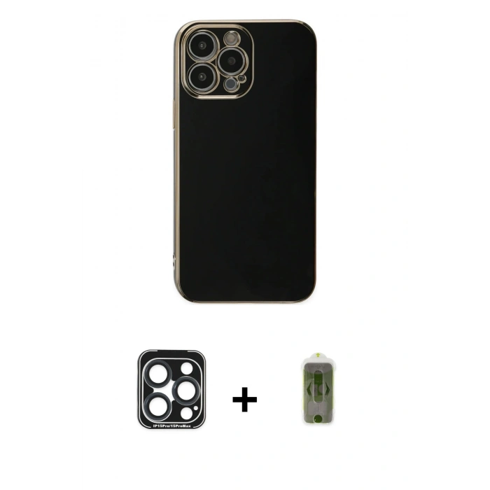 MARSİLYAN™- iPhone 15 Pro Max Kılıf Yankı Serisi - Siyah Joko Magic 5D Hayalet Cam + PVD Metal Kamera Lens - LT