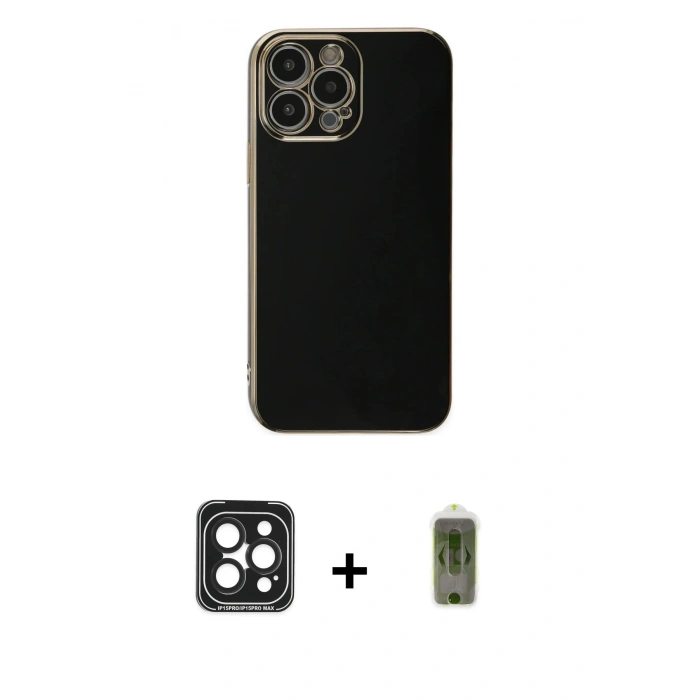 MARSİLYAN™- iPhone 15 Pro Max Kılıf Yankı Serisi - Siyah Joko Magic 5D Hayalet Cam + PVD Metal Kamera Lens - SH