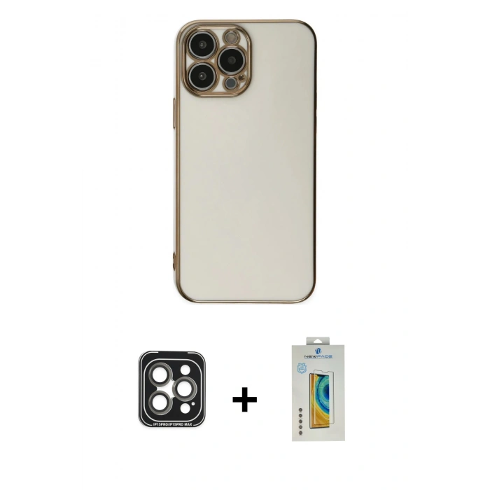 MARSİLYAN™- iPhone 15 Pro Max Kılıf Yankı Serisi - Siyah Polymer Nano Ekran Koruyucu + PVD Metal Kamera Lens - GI