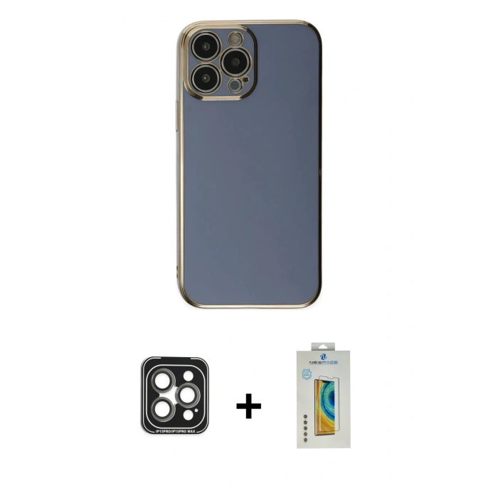 MARSİLYAN™- iPhone 15 Pro Max Kılıf Yankı Serisi - Siyah Polymer Nano Ekran Koruyucu + PVD Metal Kamera Lens - GI