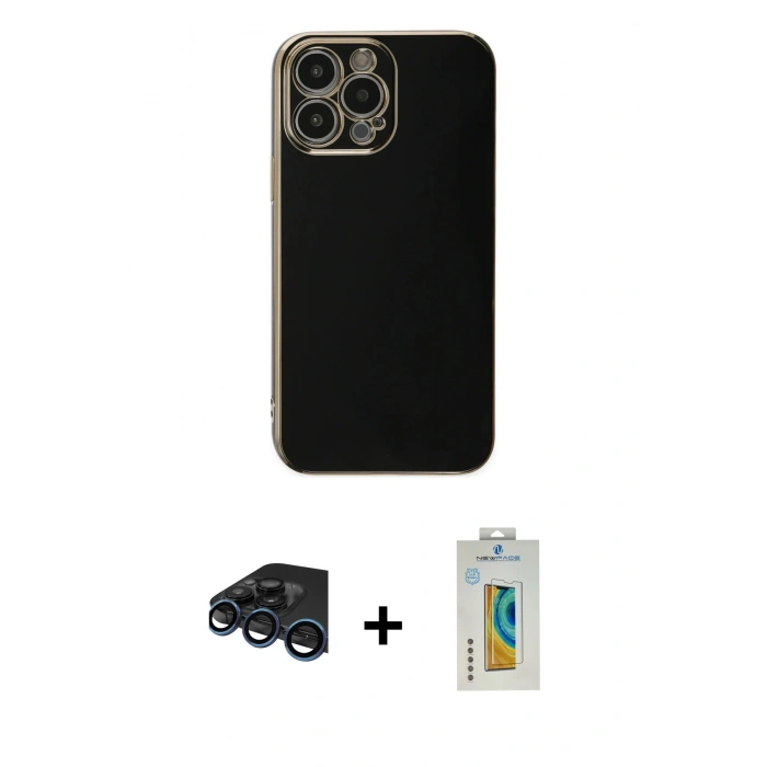 MARSİLYAN™- iPhone 15 Pro Max Kılıf Yankı Serisi - Siyah Polymer Nano Ekran Koruyucu + Raze Metal Kamera Lens - LT