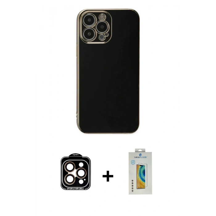 MARSİLYAN™- iPhone 15 Pro Max Kılıf Yankı Serisi - Siyah Polymer Nano Ekran Koruyucu + PVD Metal Kamera Lens - TU