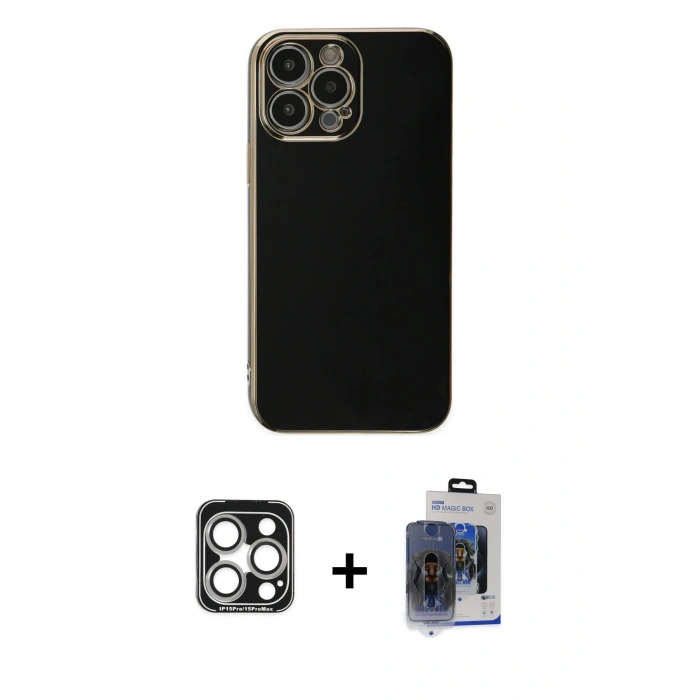 MARSİLYAN™- iPhone 15 Pro Max Kılıf Yankı Serisi - Siyah Vanessa Magic Cam + Gümüş PVD Metal Kamera Lens