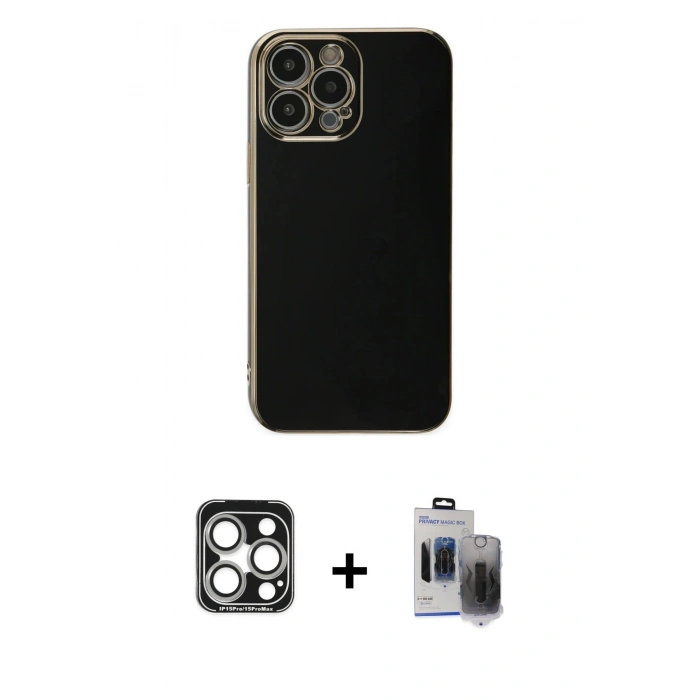 MARSİLYAN™- iPhone 15 Pro Max Kılıf Yankı Serisi - Siyah Vanessa Magic Hayalet Cam + PVD Metal Kamera Lens - GS