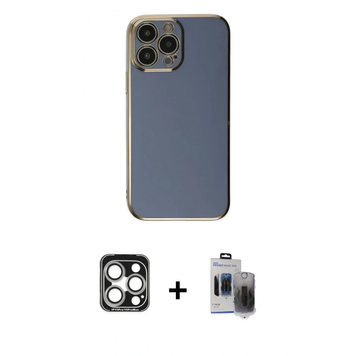 MARSİLYAN™- iPhone 15 Pro Max Kılıf Yankı Serisi - Siyah Vanessa Magic Hayalet Cam + PVD Metal Kamera Lens - GS
