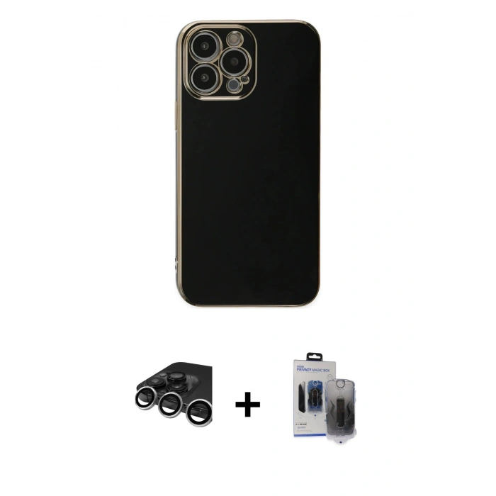 MARSİLYAN™- iPhone 15 Pro Max Kılıf Yankı Serisi - Siyah Vanessa Magic Hayalet Cam + Raze Metal Kamera Lens - GS