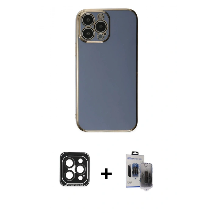 MARSİLYAN™- iPhone 15 Pro Max Kılıf Yankı Serisi - Siyah Vanessa Magic Hayalet Cam + PVD Metal Kamera Lens - SH