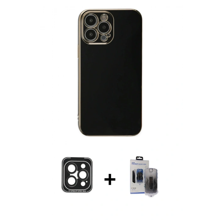 MARSİLYAN™- iPhone 15 Pro Max Kılıf Yankı Serisi - Siyah Vanessa Magic Hayalet Cam + PVD Metal Kamera Lens - SH