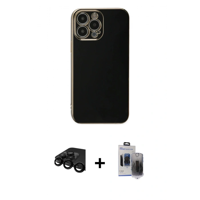 MARSİLYAN™- iPhone 15 Pro Max Kılıf Yankı Serisi - Siyah Vanessa Magic Hayalet Cam + Siyah Raze Metal Kamera Lens