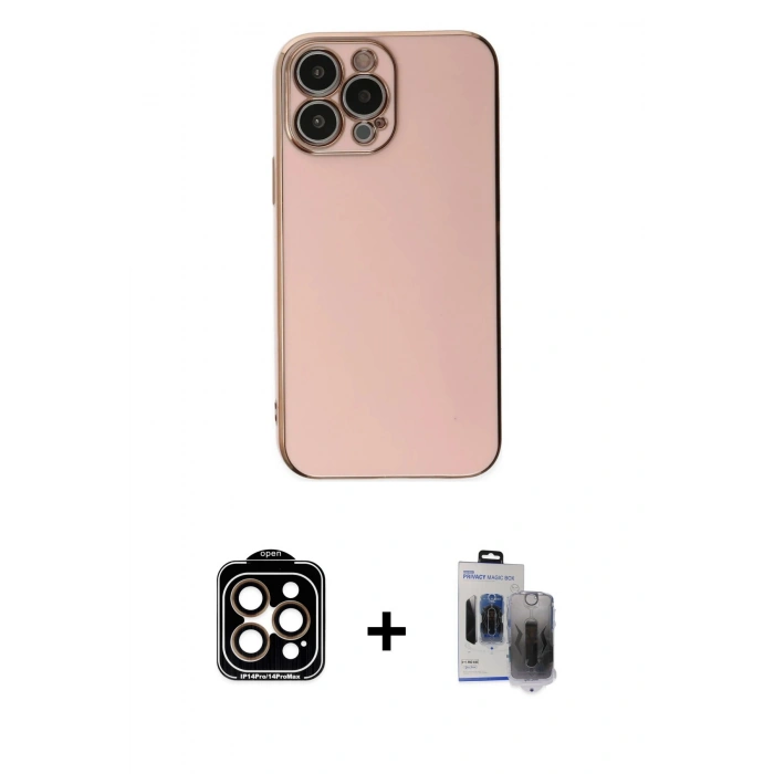 MARSİLYAN™- iPhone 15 Pro Max Kılıf Yankı Serisi - Siyah Vanessa Magic Hayalet Cam + Turuncu PVD Metal Kamera Lens