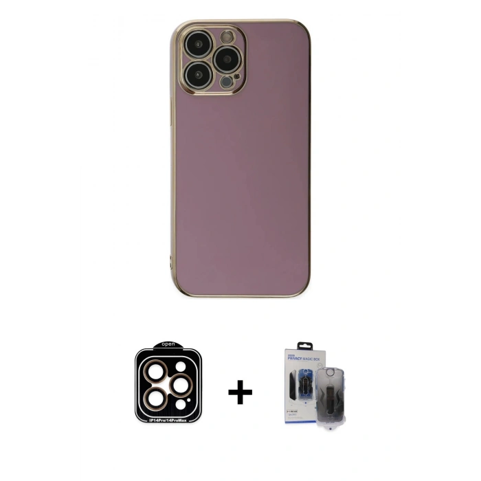 MARSİLYAN™- iPhone 15 Pro Max Kılıf Yankı Serisi - Siyah Vanessa Magic Hayalet Cam + Turuncu PVD Metal Kamera Lens