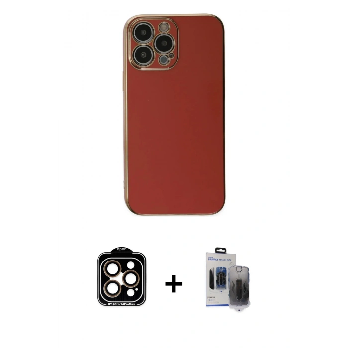 MARSİLYAN™- iPhone 15 Pro Max Kılıf Yankı Serisi - Siyah Vanessa Magic Hayalet Cam + Turuncu PVD Metal Kamera Lens