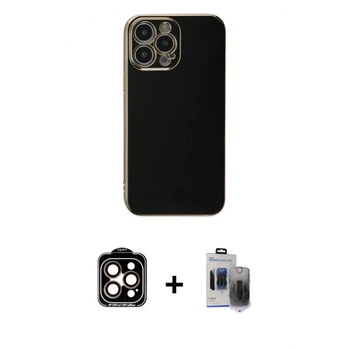 MARSİLYAN™- iPhone 15 Pro Max Kılıf Yankı Serisi - Siyah Vanessa Magic Hayalet Cam + Turuncu PVD Metal Kamera Lens