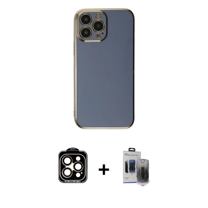 MARSİLYAN™- iPhone 15 Pro Max Kılıf Yankı Serisi - Siyah Vanessa Magic Hayalet Cam + Turuncu PVD Metal Kamera Lens