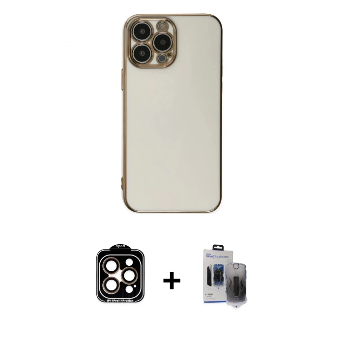MARSİLYAN™- iPhone 15 Pro Max Kılıf Yankı Serisi - Siyah Vanessa Magic Hayalet Cam + Turuncu PVD Metal Kamera Lens