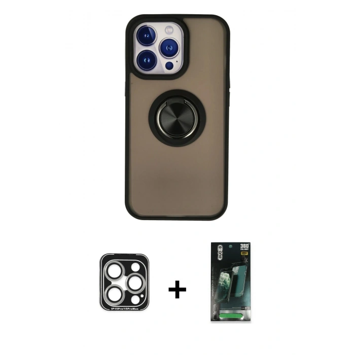 MARSİLYAN™- iPhone 15 Pro Max Kılıf Yörünge Çizgi - Şeffaf 360 Full Body Arka Koruyucu + PVD Metal Kamera Lens - GS