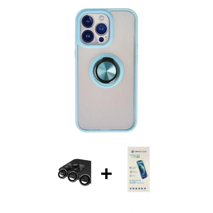 MARSİLYAN™- iPhone 15 Pro Max Kılıf Yörünge Çizgi - Şeffaf Pasifik Cam Ekran Koruyucu + Titanyum Gri Raze Metal Kamera Lens
