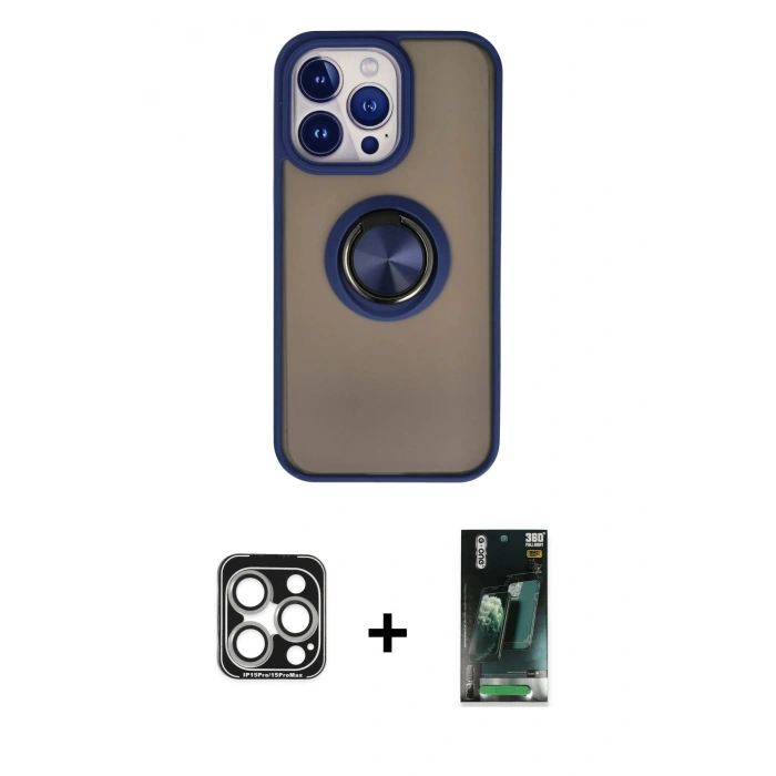 MARSİLYAN™- iPhone 15 Pro Max Kılıf Yörünge Çizgi - Siyah 360 Mat Full Body Arka Koruyucu + PVD Metal Kamera Lens - GS