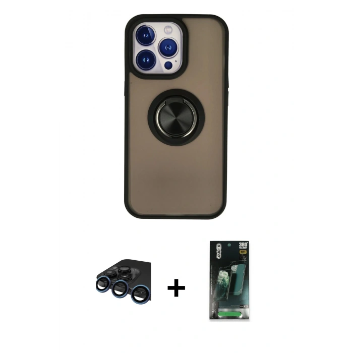 MARSİLYAN™- iPhone 15 Pro Max Kılıf Yörünge Çizgi - Siyah 360 Mat Full Body Arka Koruyucu + Raze Metal Kamera Lens - LT