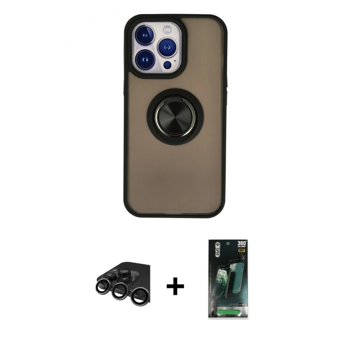 MARSİLYAN™- iPhone 15 Pro Max Kılıf Yörünge Çizgi - Siyah 360 Mat Full Body Arka Koruyucu + Raze Metal Kamera Lens - TMGI
