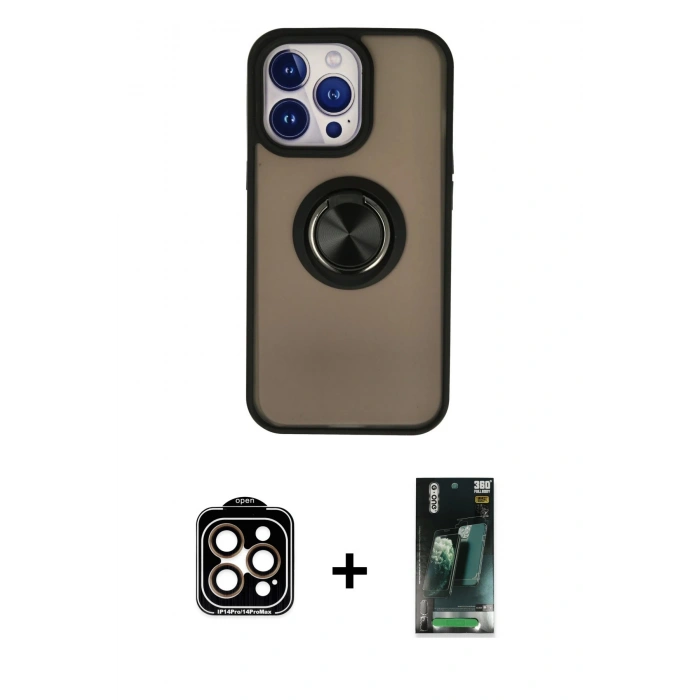 MARSİLYAN™- iPhone 15 Pro Max Kılıf Yörünge Çizgi - Siyah 360 Mat Full Body Arka Koruyucu + PVD Metal Kamera Lens - TU