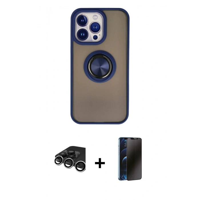 MARSİLYAN™- iPhone 15 Pro Max Kılıf Yörünge Çizgi - Siyah 3D Antistatik Hayalet Cam Ekran Koruyucu + Raze Metal Kamera Lens - GS
