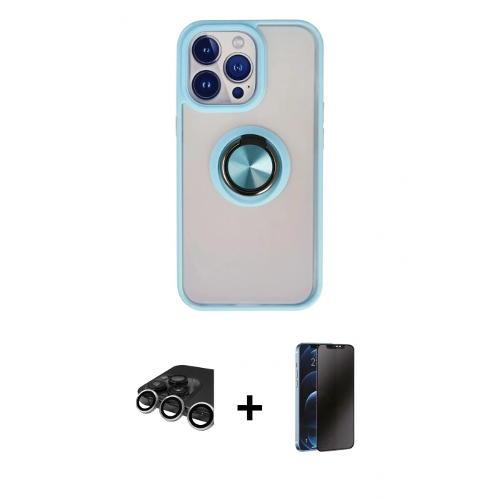 MARSİLYAN™- iPhone 15 Pro Max Kılıf Yörünge Çizgi - Siyah 3D Antistatik Hayalet Cam Ekran Koruyucu + Raze Metal Kamera Lens - GS