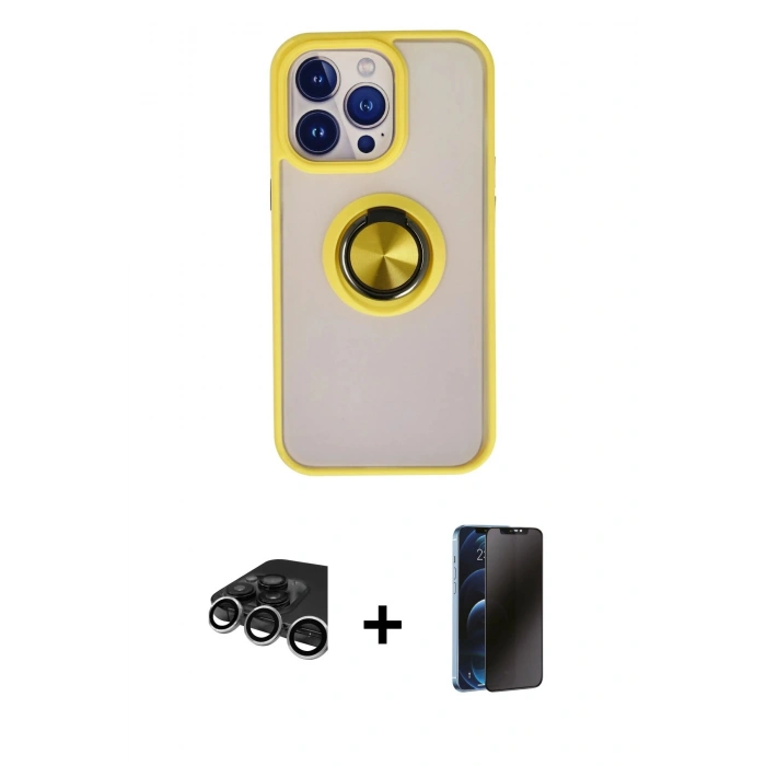 MARSİLYAN™- iPhone 15 Pro Max Kılıf Yörünge Çizgi - Siyah 3D Antistatik Hayalet Cam Ekran Koruyucu + Raze Metal Kamera Lens - GS
