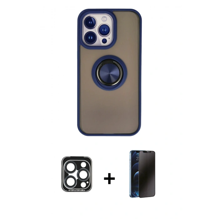 MARSİLYAN™- iPhone 15 Pro Max Kılıf Yörünge Çizgi - Siyah 3D Antistatik Hayalet Cam Ekran Koruyucu + PVD Metal Kamera Lens - LT