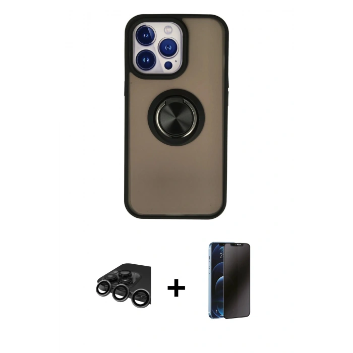 MARSİLYAN™- iPhone 15 Pro Max Kılıf Yörünge Çizgi - Siyah 3D Antistatik Hayalet Cam Ekran Koruyucu + Titanyum Gri Raze Metal Kamera Lens