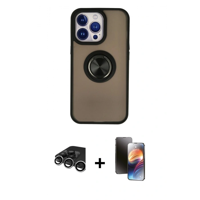 MARSİLYAN™- iPhone 15 Pro Max Kılıf Yörünge Çizgi - Siyah 3D Antistatik Mat Seramik Nano Ekran Koruyucu + Raze Metal Kamera Lens - GS