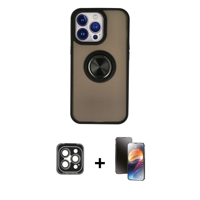 MARSİLYAN™- iPhone 15 Pro Max Kılıf Yörünge Çizgi - Siyah 3D Antistatik Mat Seramik Nano Ekran Koruyucu + PVD Metal Kamera Lens - GI