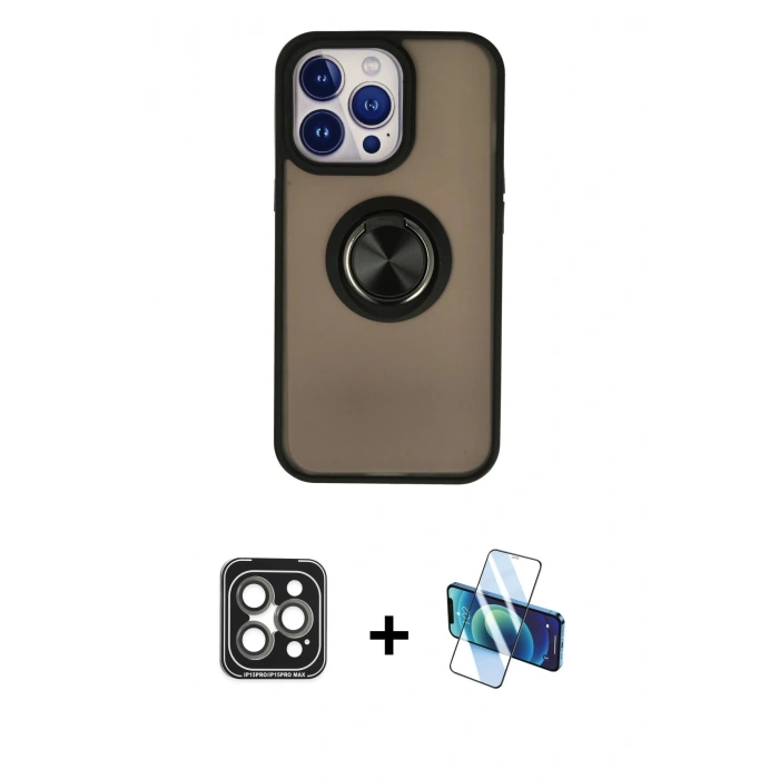 MARSİLYAN™- iPhone 15 Pro Max Kılıf Yörünge Çizgi - Siyah 3D Antistatik Seramik Nano Ekran Koruyucu + PVD Metal Kamera Lens - GI