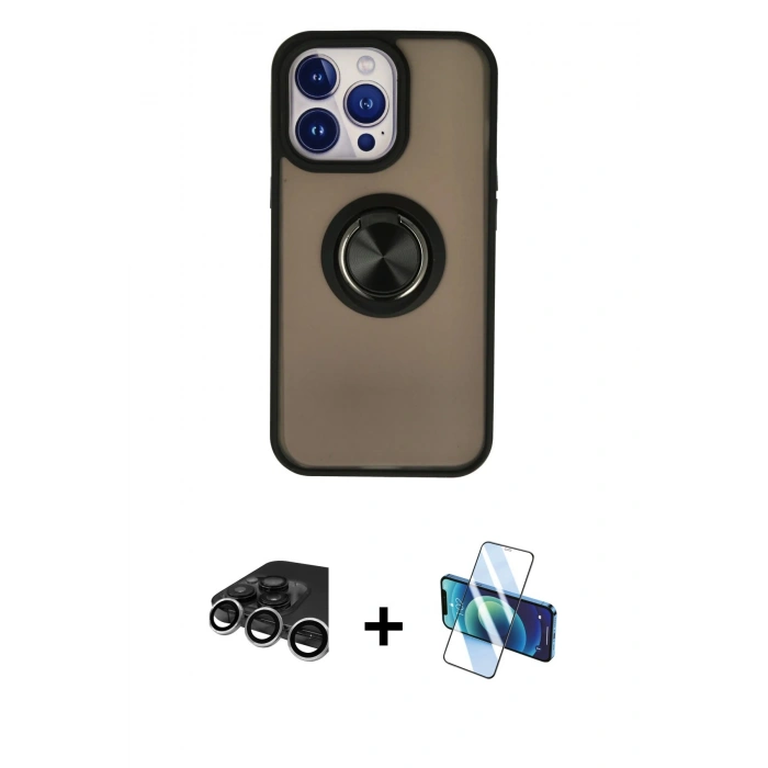 MARSİLYAN™- iPhone 15 Pro Max Kılıf Yörünge Çizgi - Siyah 3D Antistatik Seramik Nano Ekran Koruyucu + Raze Metal Kamera Lens - GS