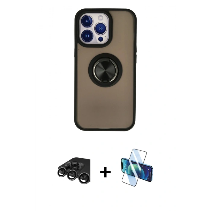 MARSİLYAN™- iPhone 15 Pro Max Kılıf Yörünge Çizgi - Siyah 3D Antistatik Seramik Nano Ekran Koruyucu + Raze Metal Kamera Lens - TMGI
